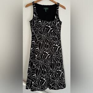 Ralph Lauren Black White Geo Floral Chino Fit Flare Tank Dress Stretchy Flowers